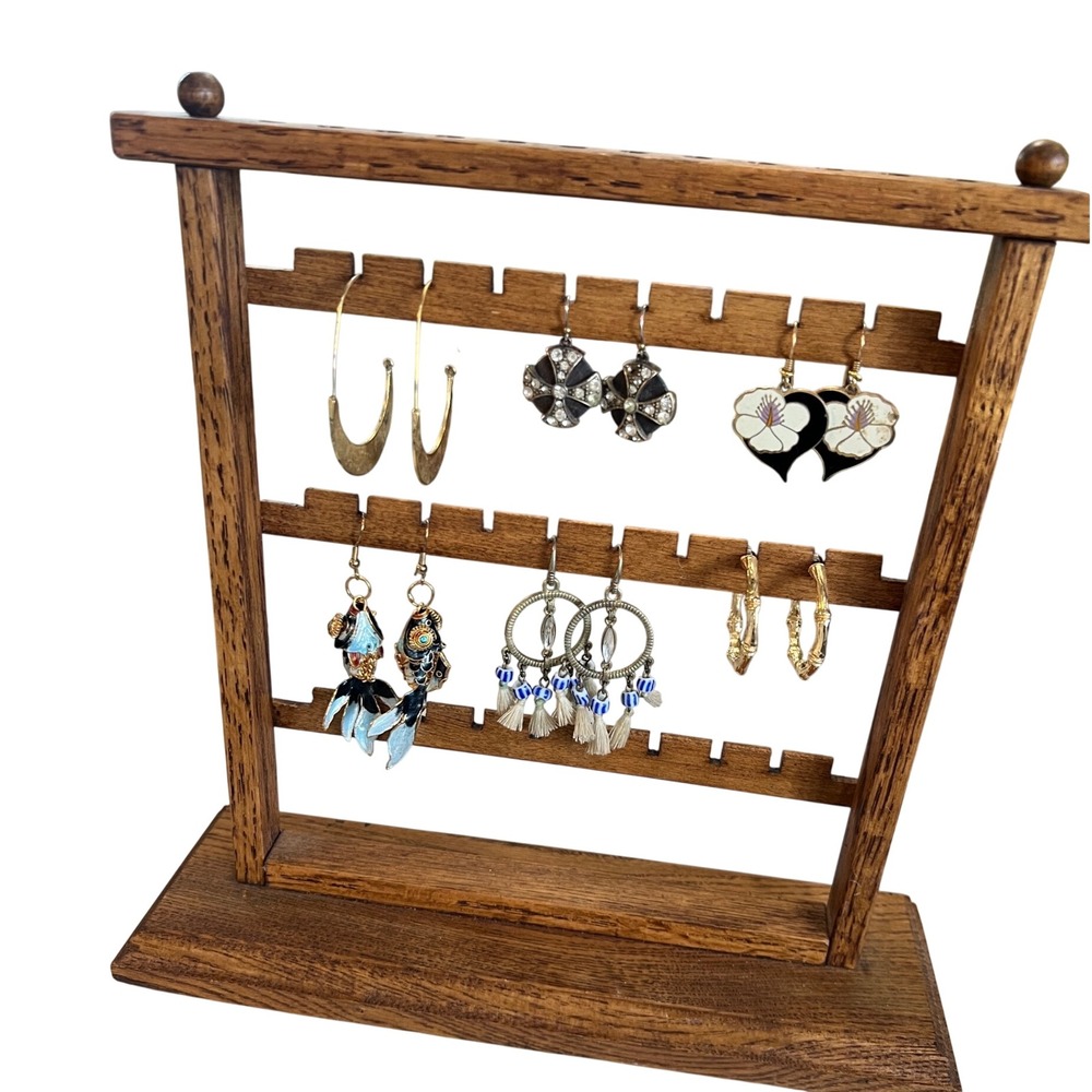 Vintage Wooden Earring Holder Stand 3 Tier Jewelry Organizer Medium Oak Finish
